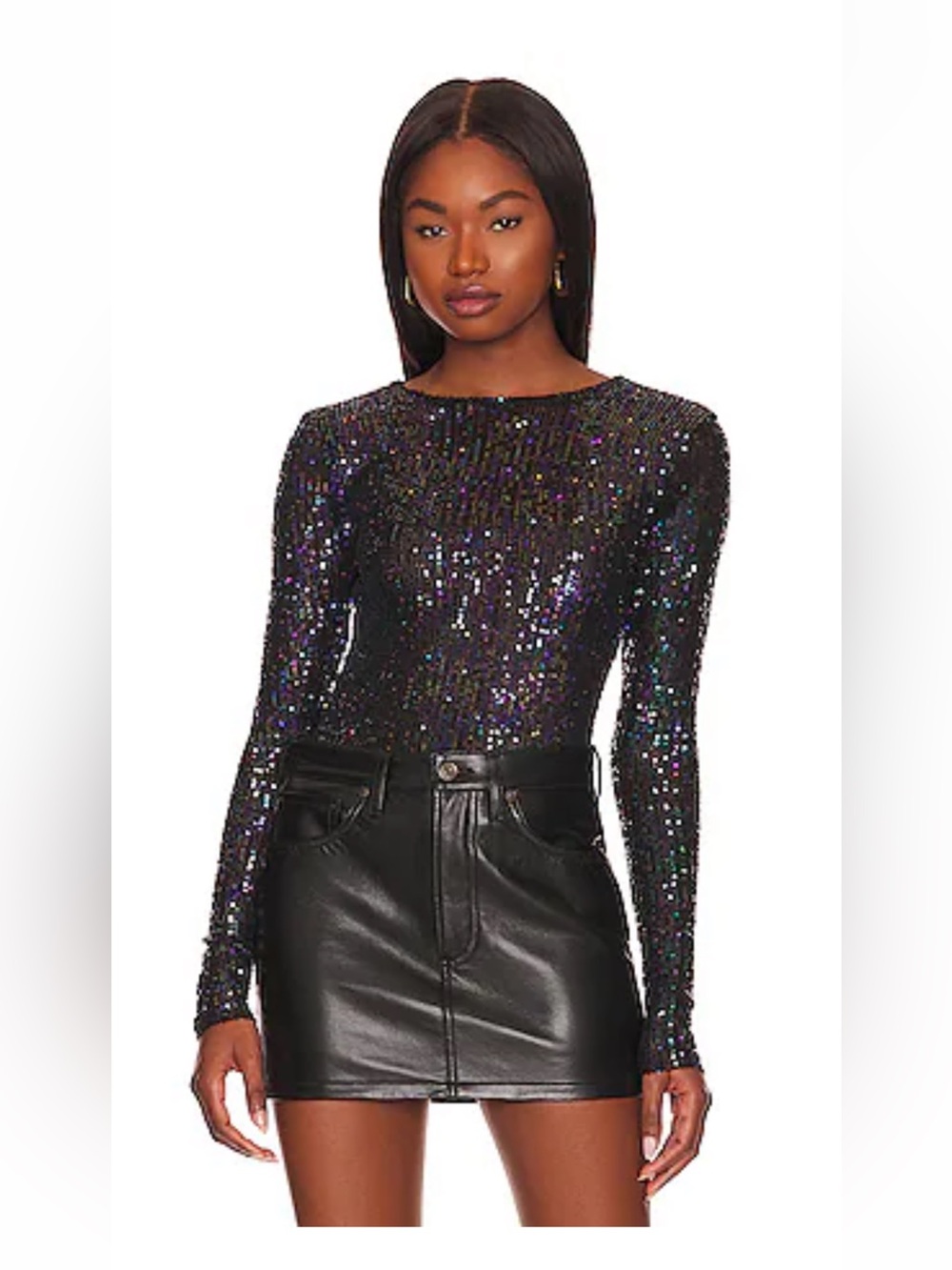 Free People Sequin Long-Sleeve Crewneck Top - Black